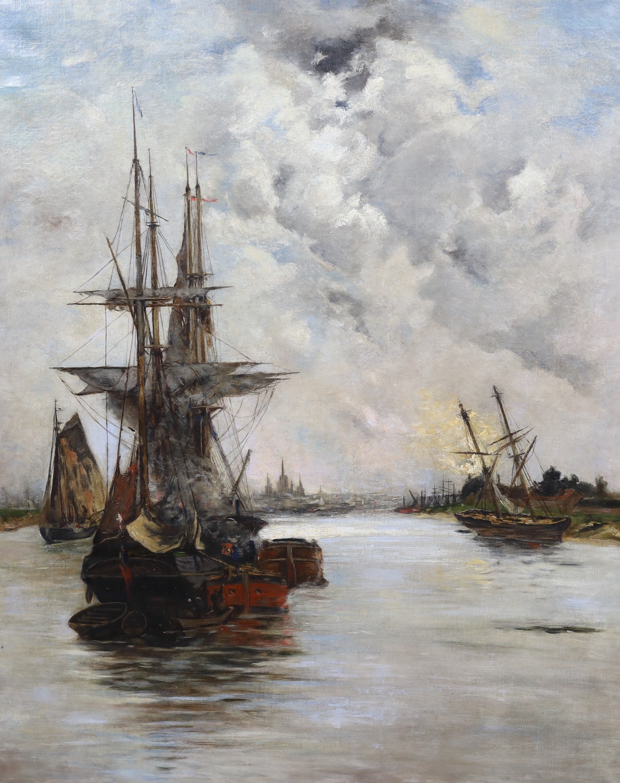 French School c.1900, oil on canvas, Shipping in harbour, 99 x 80cm